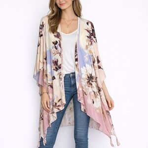 Vince Camuto Floral Kimono Wrap Tassel Trim One Size Purple Pink Rayon Cardigan